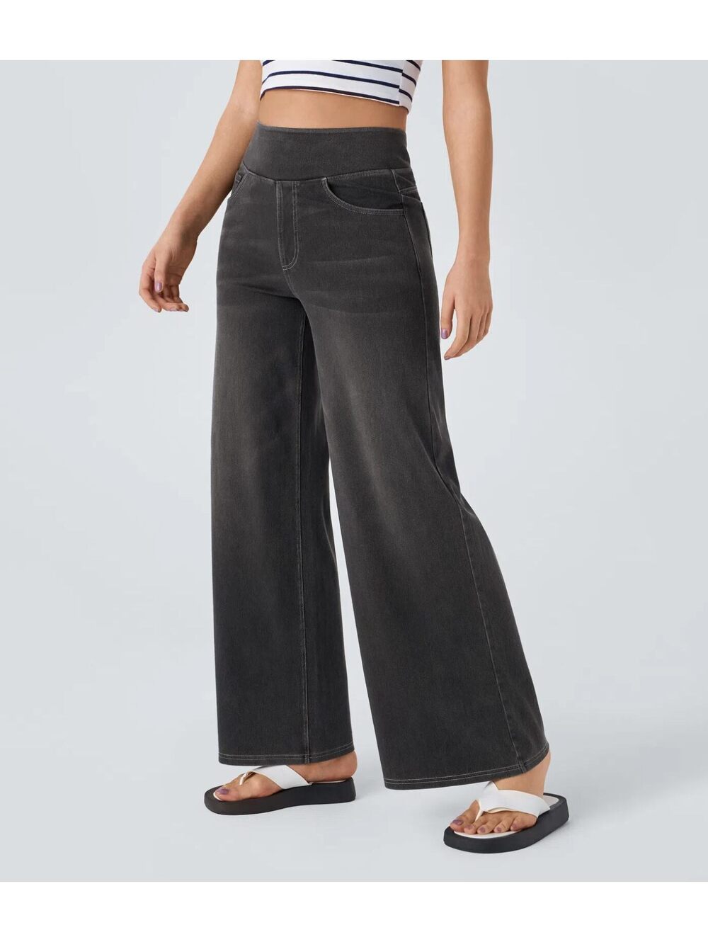 Halara Flex High Waisted Pockets Wide Leg Washed Casual Jeans [S Petite]
